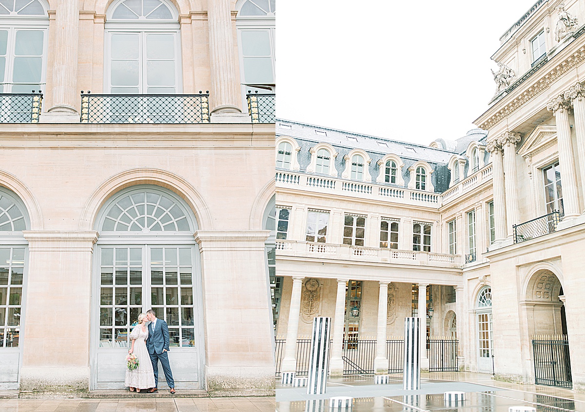Palais Royal Engagement Couple Kissing under arch and detail of building Photos