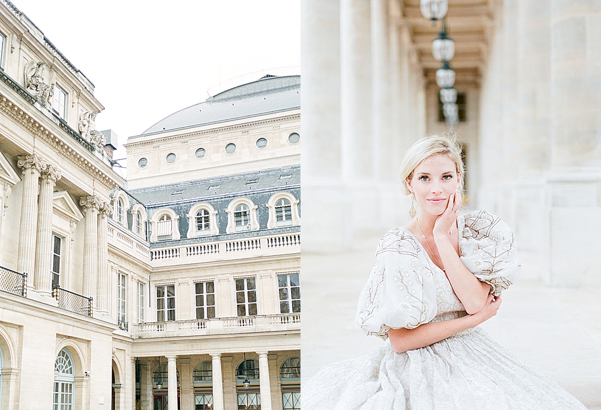 Palais Royal Engagement Detail of Building and Alyssa Looking at camera Photos