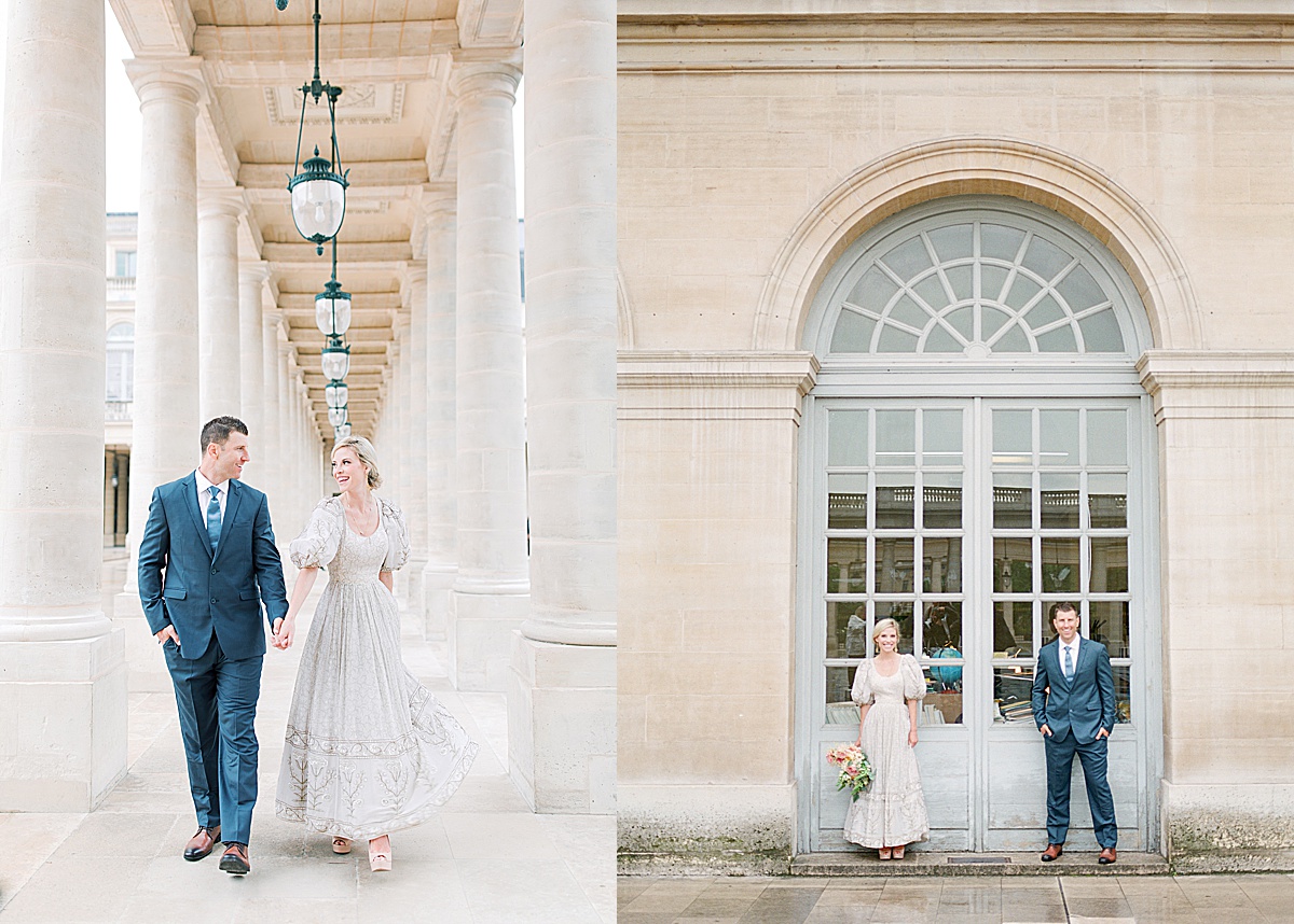 Palais Royal Engagement Couple Walking toward camera smiling at each other and couple leaning on doors under arch Photos
