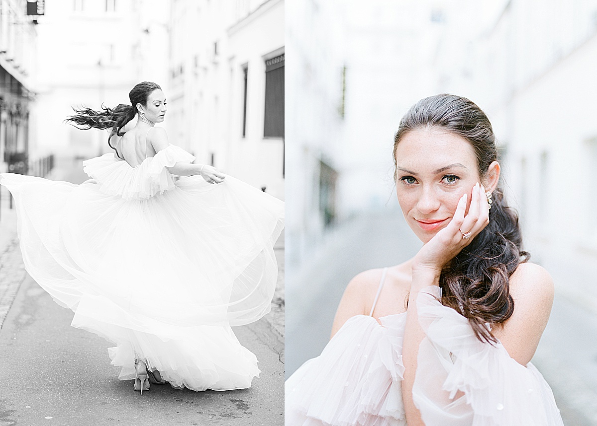 Paris Bridal Fashion Black and White of Bride Spinning and Bride with hand under cheek Photos