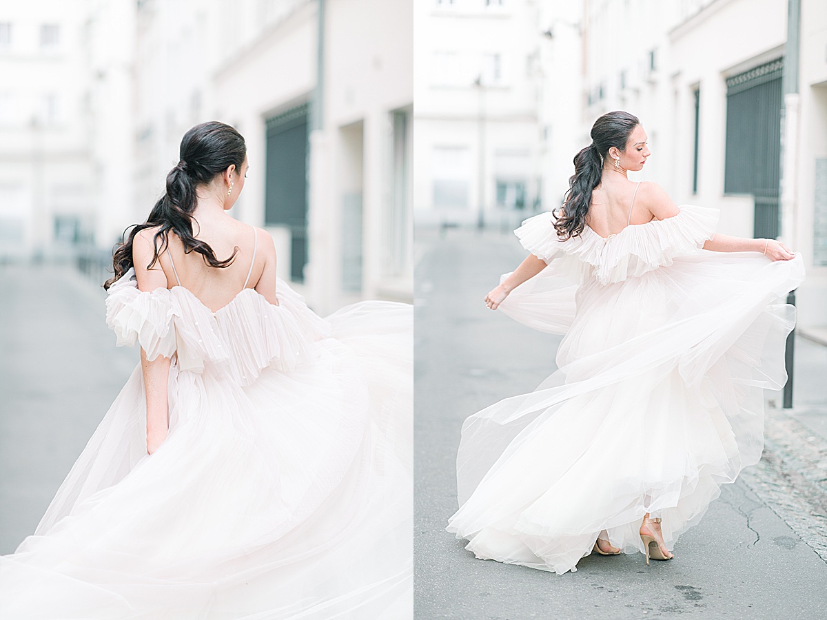 Paris Bridal Fashion Bride twirling in pink dress Photos