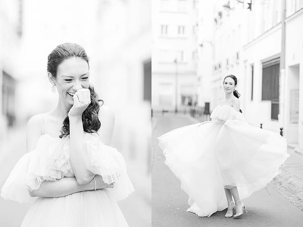 Paris Bridal Fashion Black and White of Bride Laughing and Spinning Photos