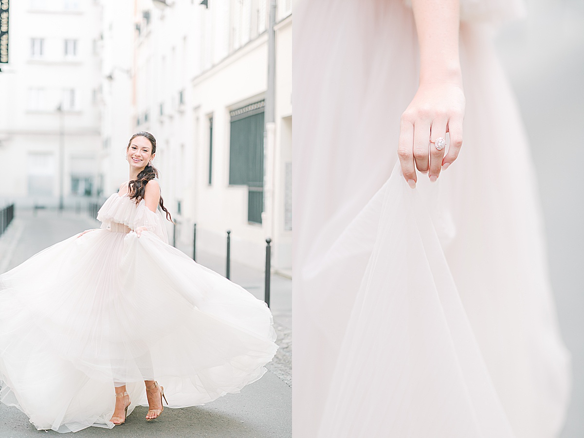 Paris Bridal Fashion Katie spinning and smiling and detail of ring hand holding dress up Photos