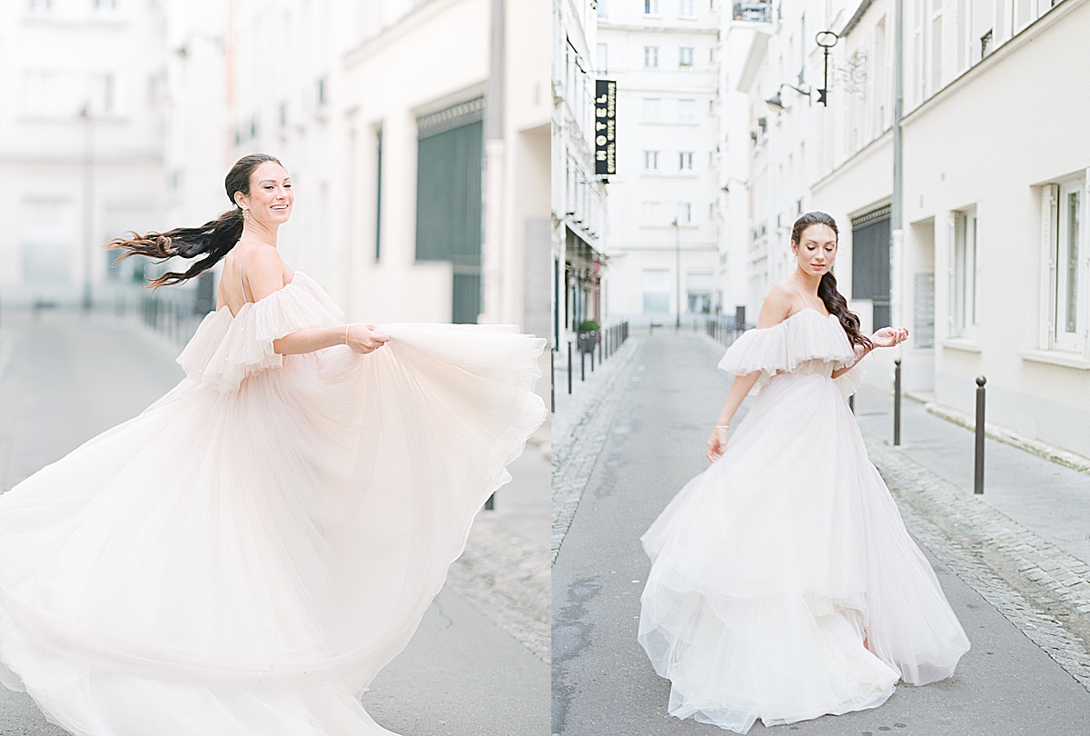 Paris Bridal Fashion Editorial Girl in Pink Dress Spinning in Street Photos