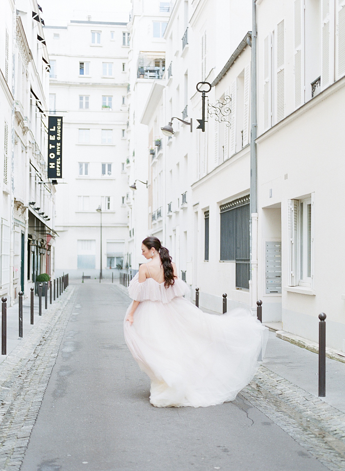 Paris Bridal Fashion Editorial Katie walking down street Photo