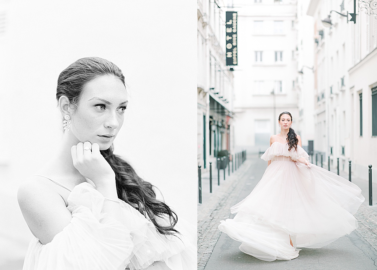 Paris Bridal Fashion Editorial Black and white of woman looking off and walking down the street Photos