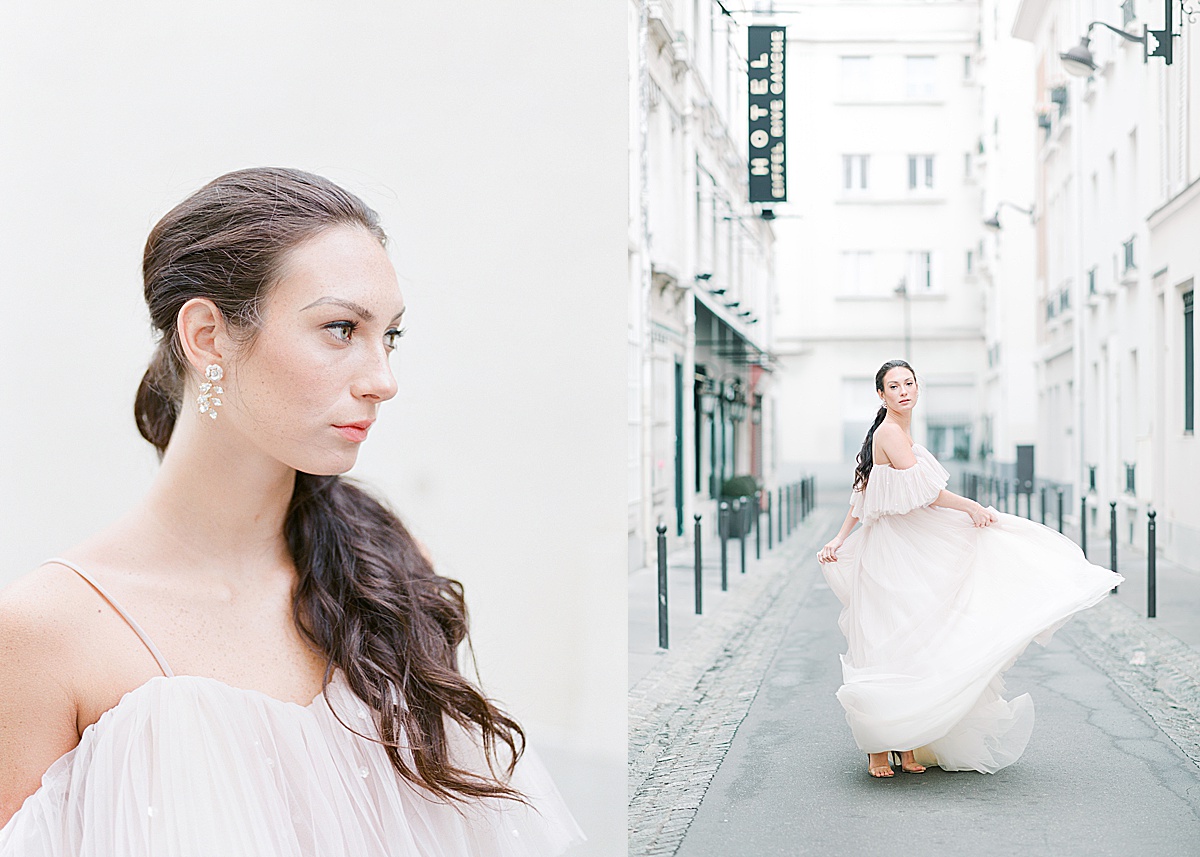 Paris Bridal Fashion Editorial girl looking off with long ponytail over shoulder and spinning in street Photos