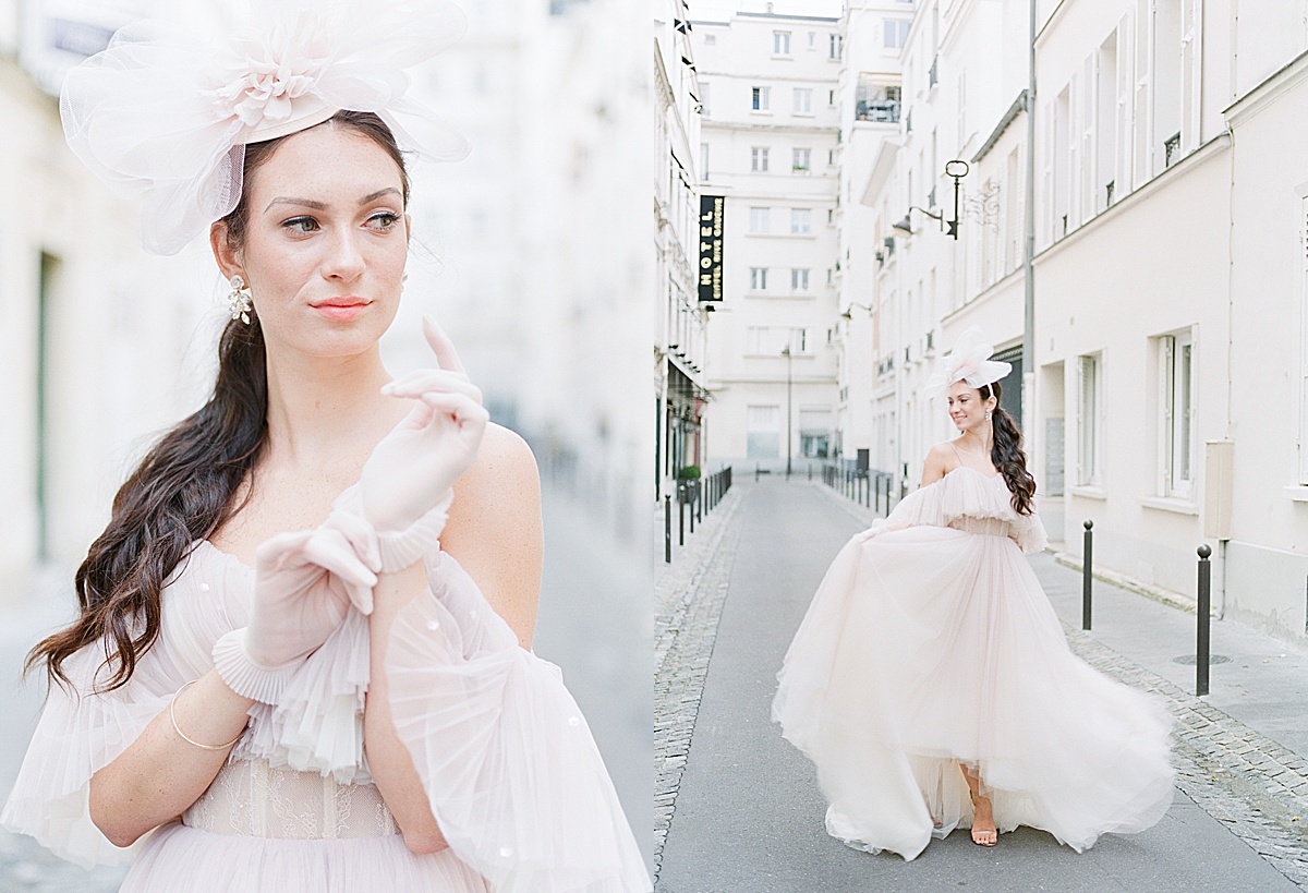 Paris Bridal Fashion Editorial Bride looking off and walking down street Photos