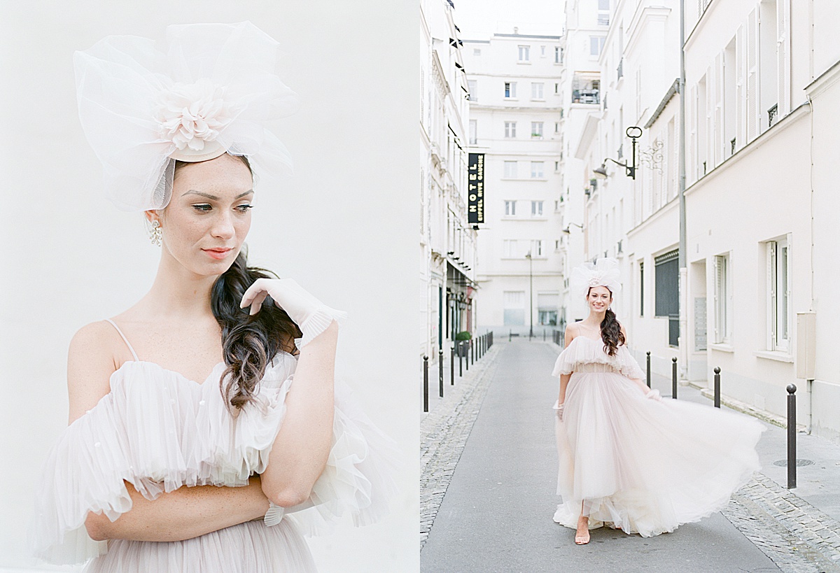 Paris Bridal Fashion Editorial Girl with pink hat looking down and smiling walking down street Photos