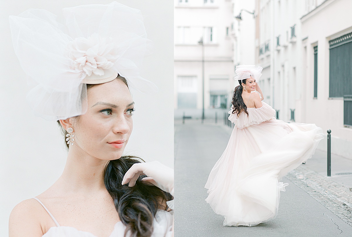 Paris Bridal Fashion Editorial Katie looking off with hand in hair and smiling over her shoulder Photos