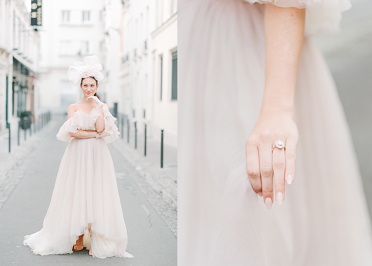 Paris Bridal Fashion Editorial Girl with hand under her chin and detail of hand holding dress with ring on finger Photos