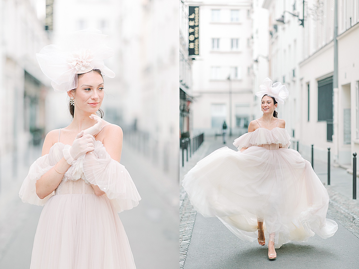 Paris Bridal Fashion Editorial Katie with Hand under chin and running down the street Photos