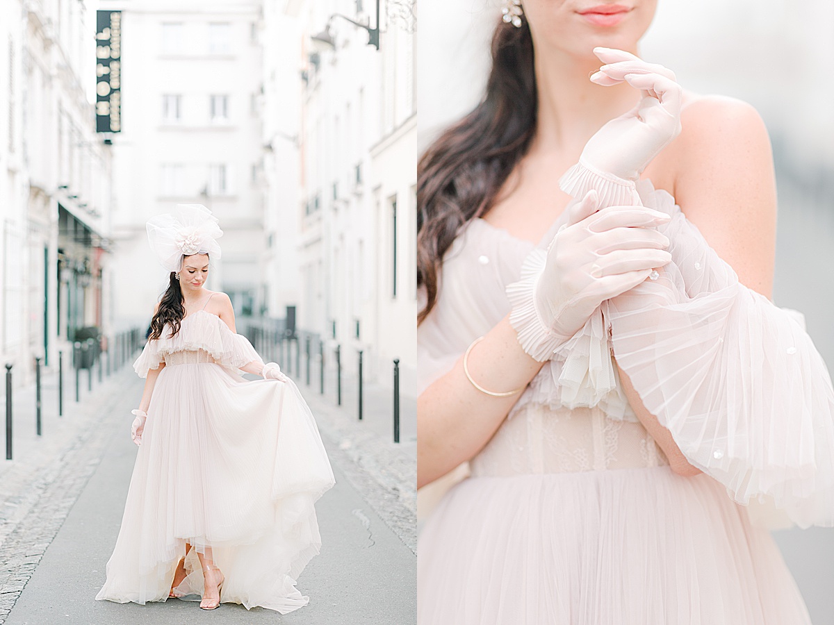 Paris Bridal Fashion Editorial girl holding up dress standing in road and detail of hands with gloves Photos