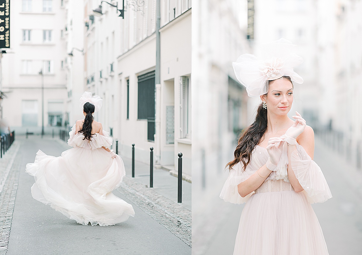 Paris Bridal Fashion Editorial girl running down street with pink dress on and girl fixing gloves looking off Photos