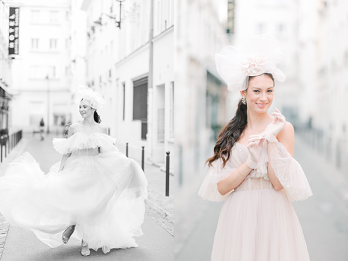 Paris Bridal Fashion Editorial Black and White of girl running down street and fixing her glove Photos