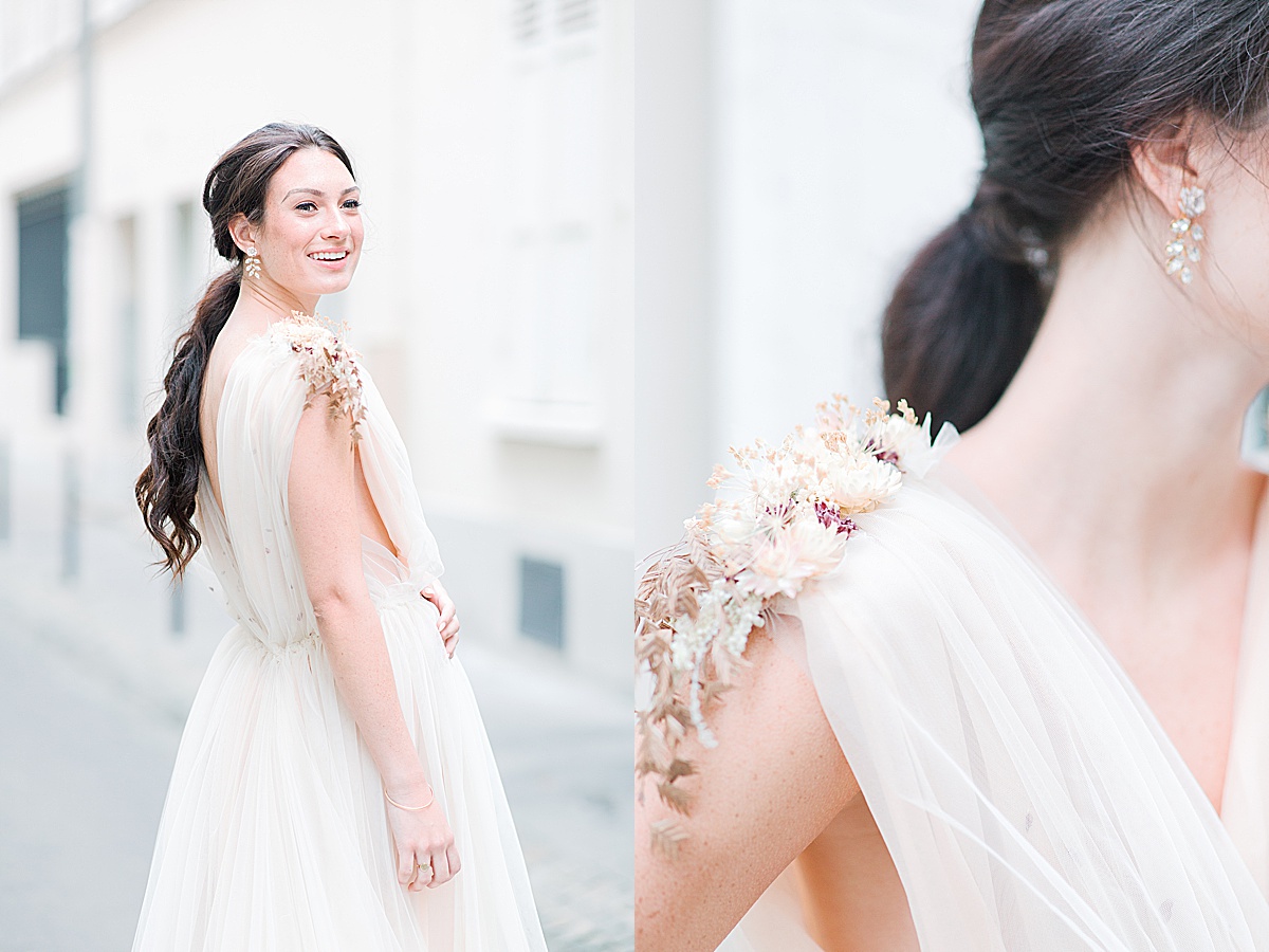 Paris Bridal Fashion Editorial Katie smiling over her shoulder and detail of dried flowers on dress Photos