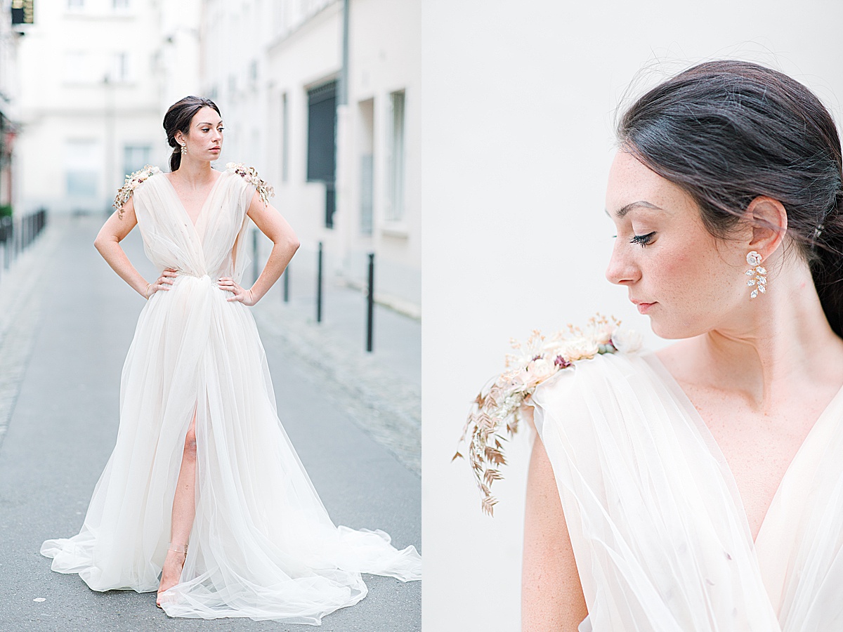 Paris Bridal Fashion Editorial girl looking off and profile of girl with detail of dried flowers on dress Photos