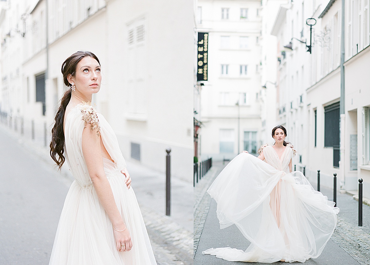 Paris Bridal Fashion Editorial Bride looking up and running down the street Photos