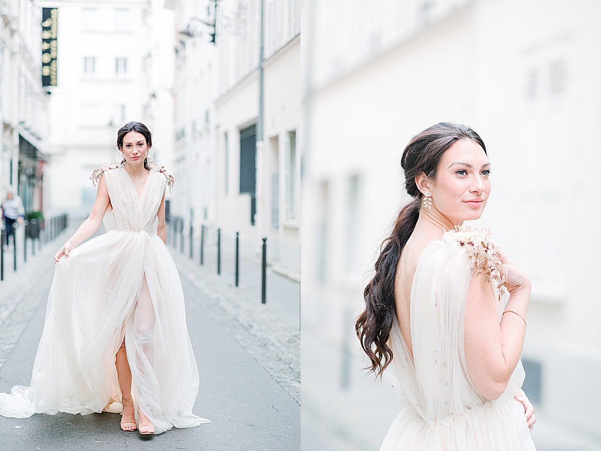Paris Bridal Fashion Editorial Katie walking down street and looking over shoulder Photos