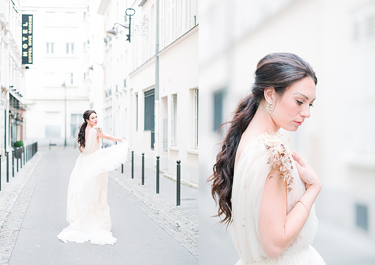 Paris Bridal Fashion Editorial Katie looking over shoulder and looking down Photos