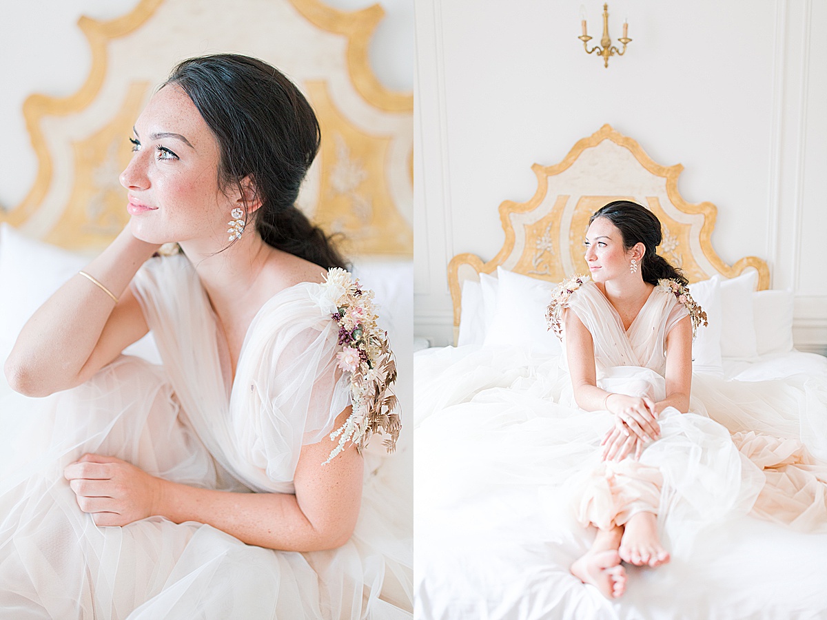 Paris Bridal Fashion Editorial girl sitting on bed looking off Photos
