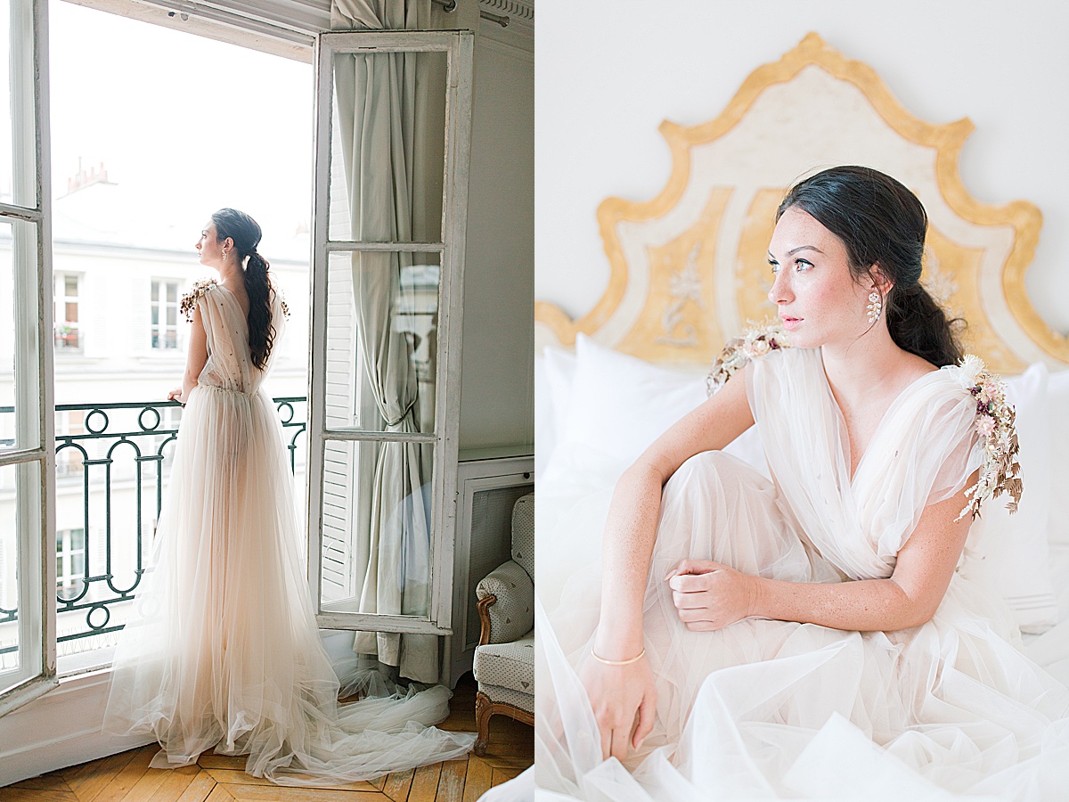 Paris Bridal Fashion Editorial Girl standing in window looking out and sitting on bed looking off Photos