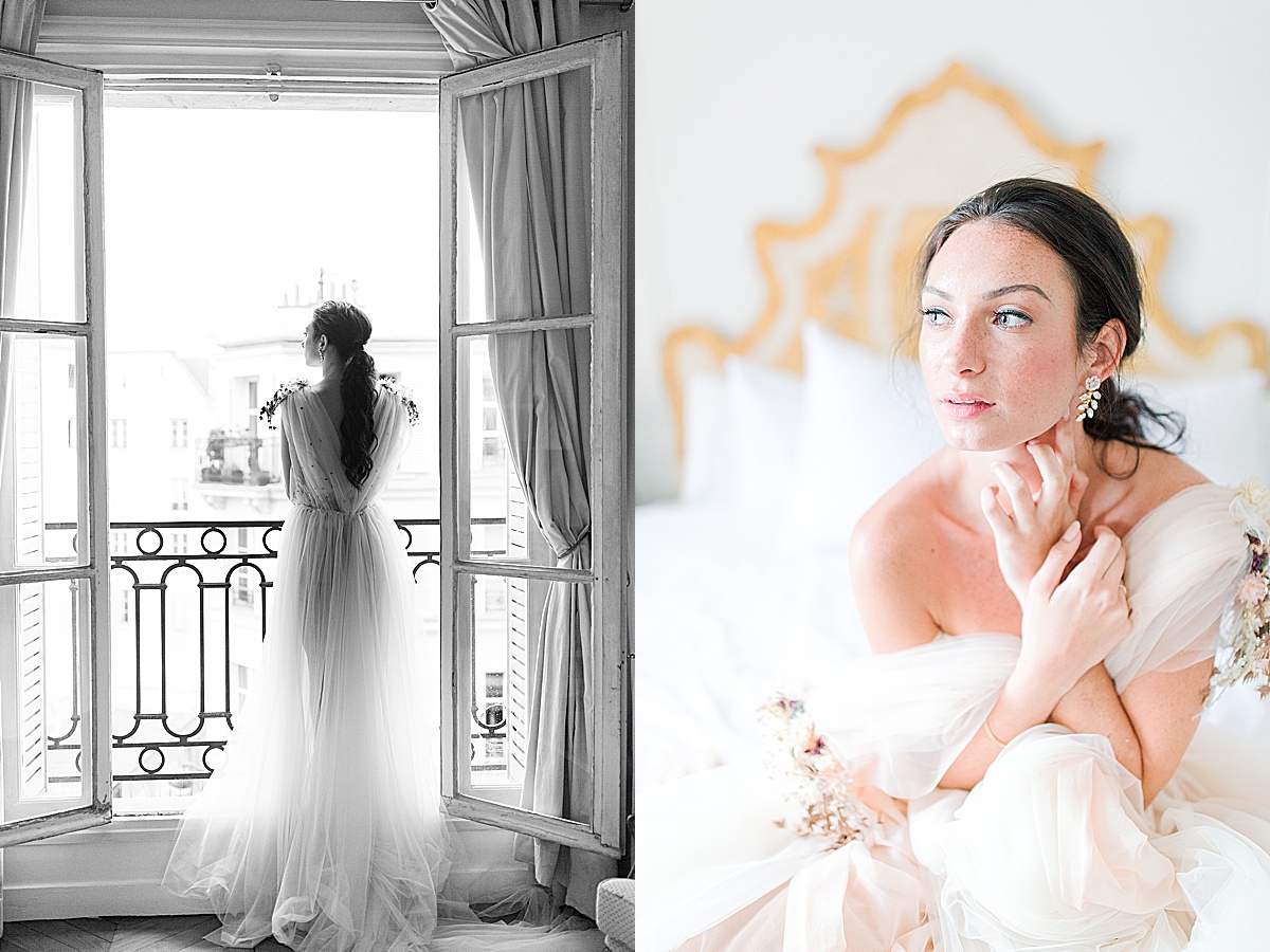 Paris Bridal Fashion Editorial Black and white of girl looking out window and girl sitting on bed looking off Photos