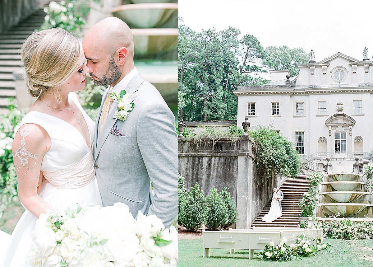 Swan House Wedding Bride and Groom Nose to Nose in Front of Fountain and Snuggling on Stairs Photos