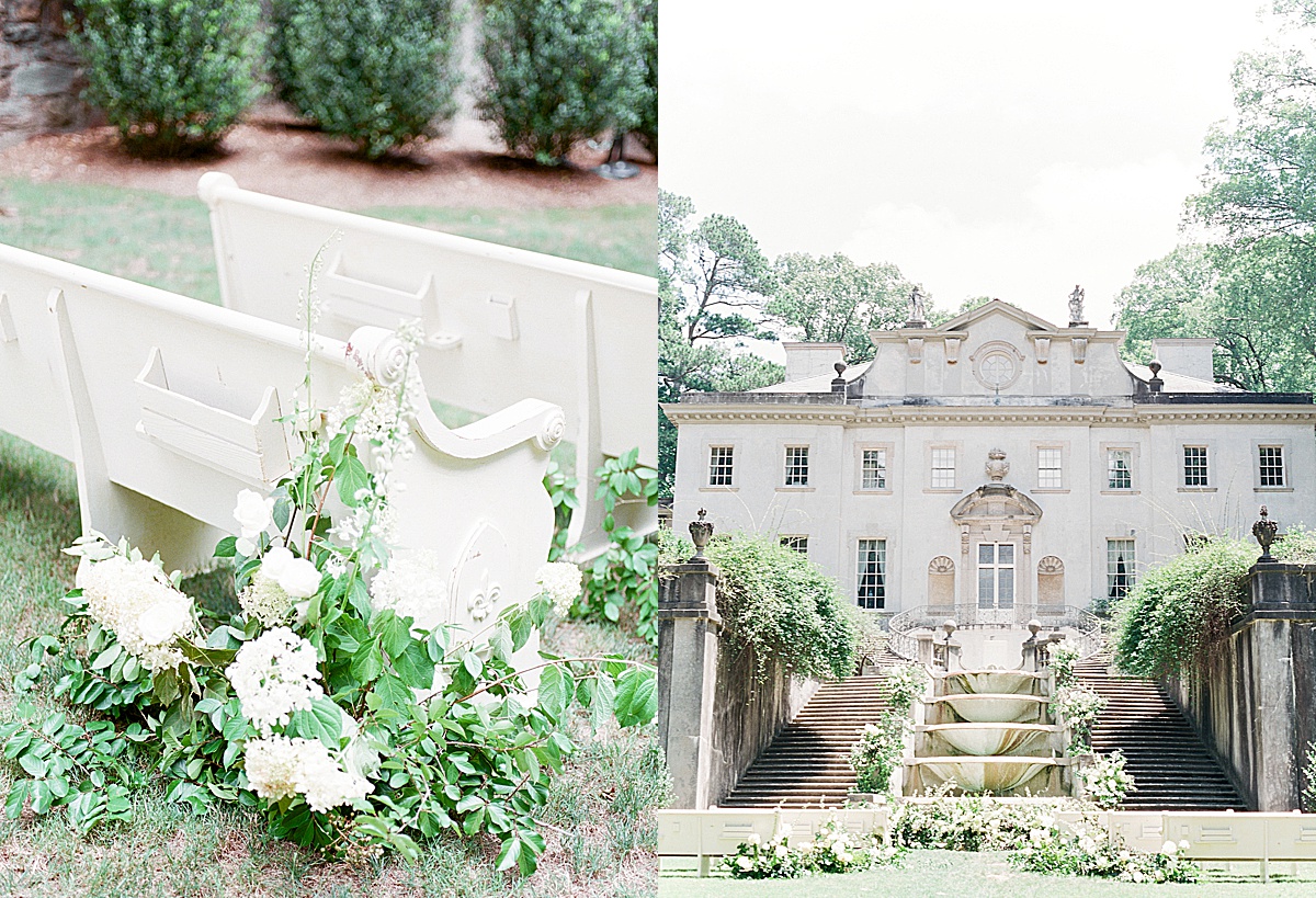 Swan House Wedding Detail of Pews and Grand Staircase Photos