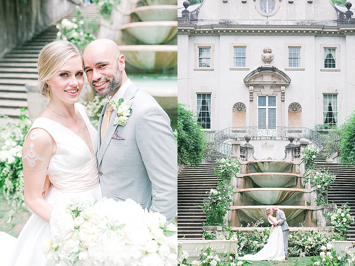 Swan House Wedding Bride and Groom Smiling at Camera and Kissing in front of Fountain Photos