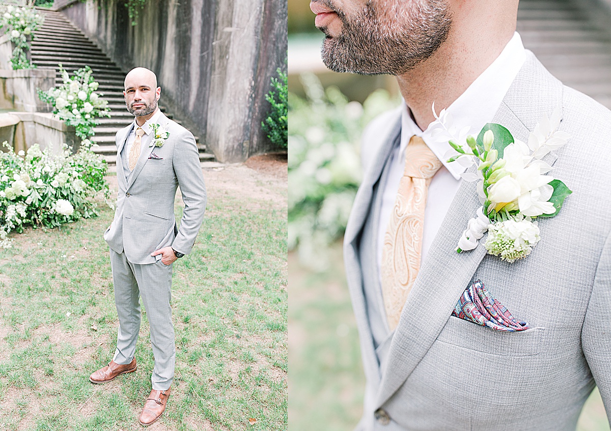 Swan House Wedding Groom Looking at Camera and Detail of Boutonnière Photos
