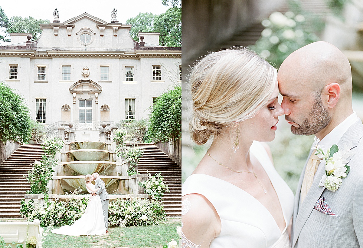 Swan House Wedding Bride and Groom Kissing and Nose to Nose Photos