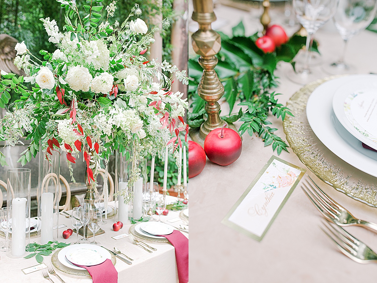 Swan House Wedding Reception Table Centerpiece and Escort Card Detail Photos