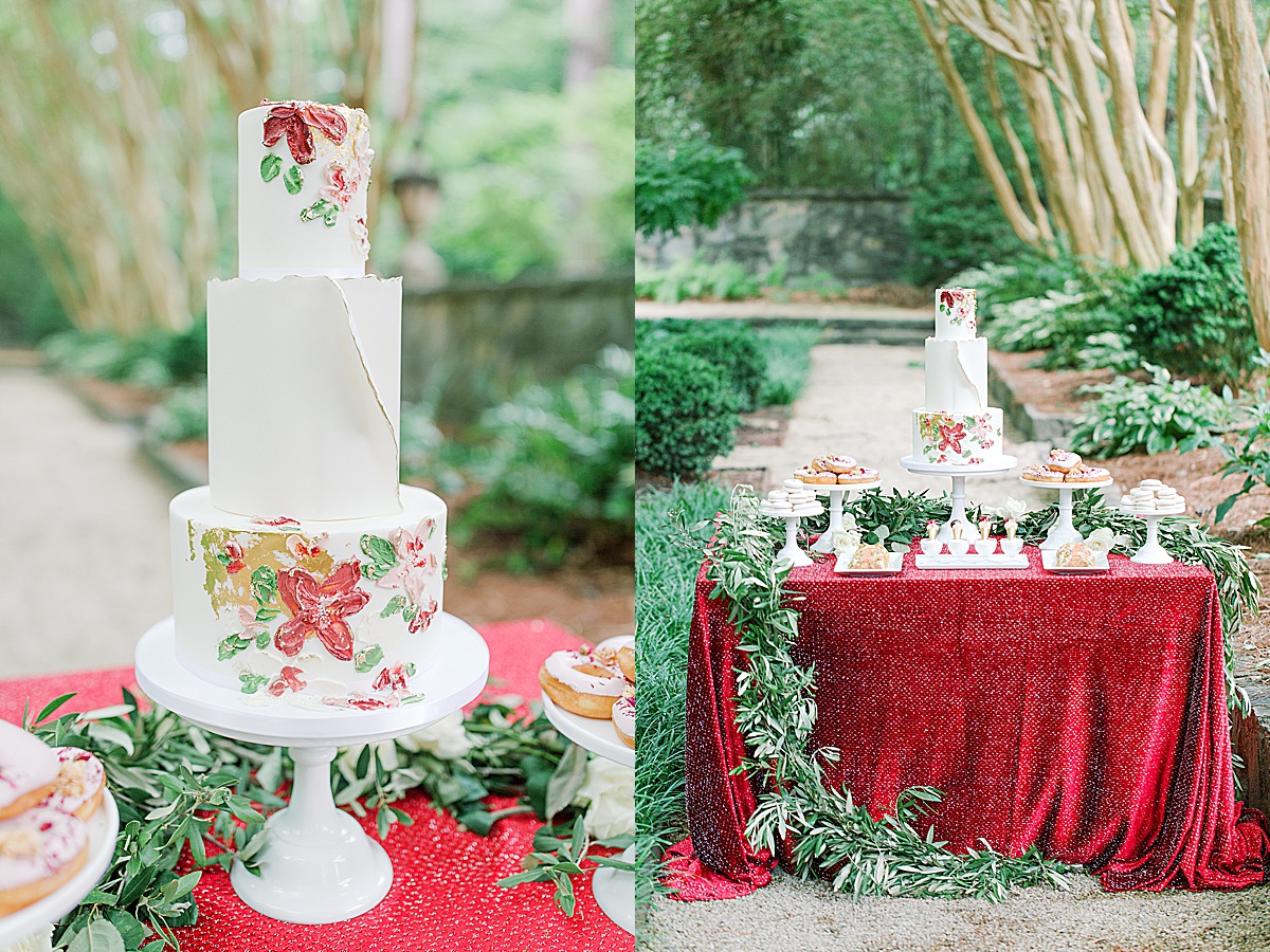 Swan House Wedding Reception Cake with Hand Painted florals and Dessert Table Photos