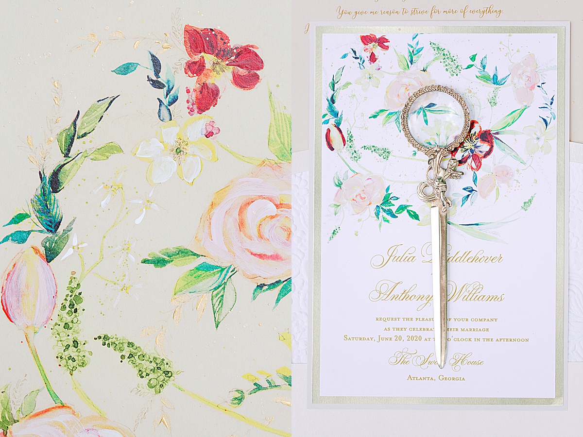 Swan House Wedding Detail of Invitation and Invitation with Letter Opener Photos