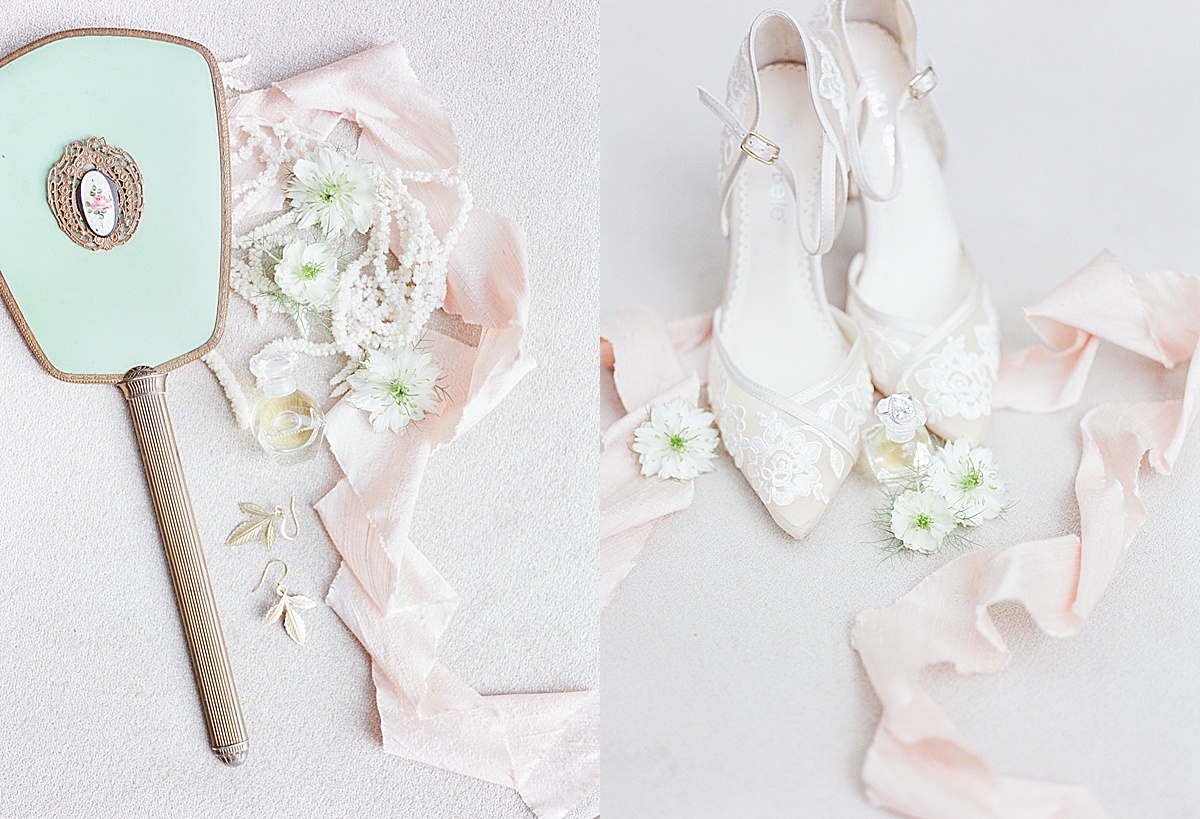 Swan House Wedding Bridal Details Mirror Shoes Earrings and Perfume Photos