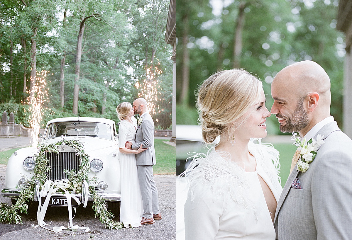 Swan House Wedding Bride and Groom Kissing By Vintage Car and Nose to Nose Smiling Photos