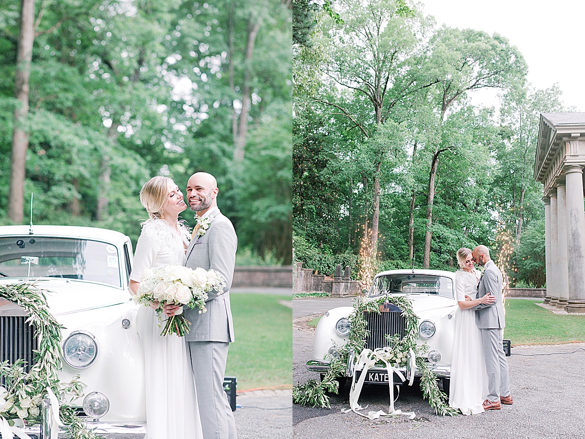 Swan House Wedding Bride and Groom in Front of Classic Car with Sparklers Photos