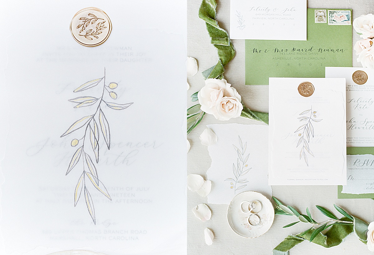 Detail of Olive Leaf and Invitation Suite With Gold and Green Colors Photos 