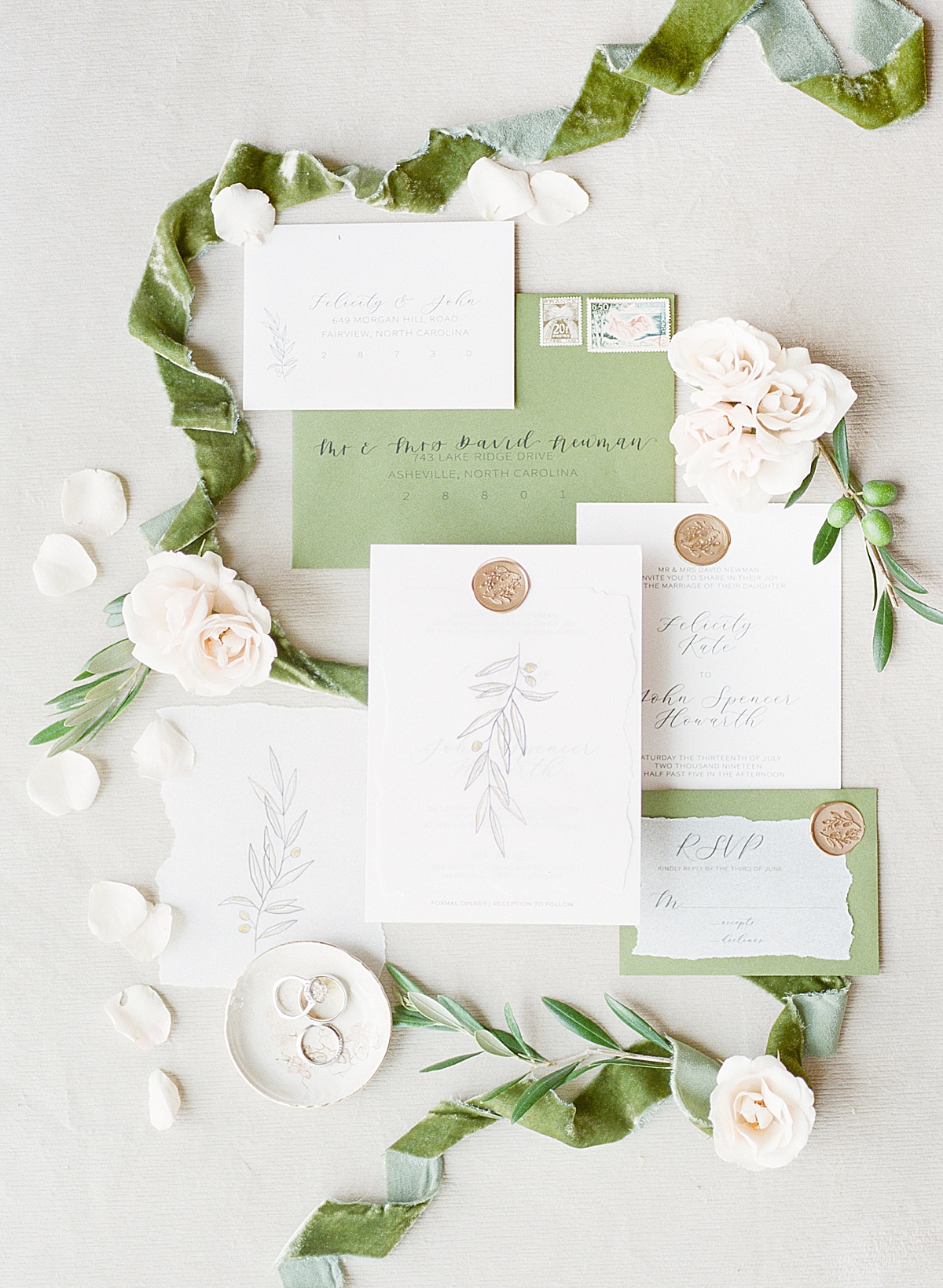 Wedding Calligraphy Invitation Suite With Green Ribbon Photo 