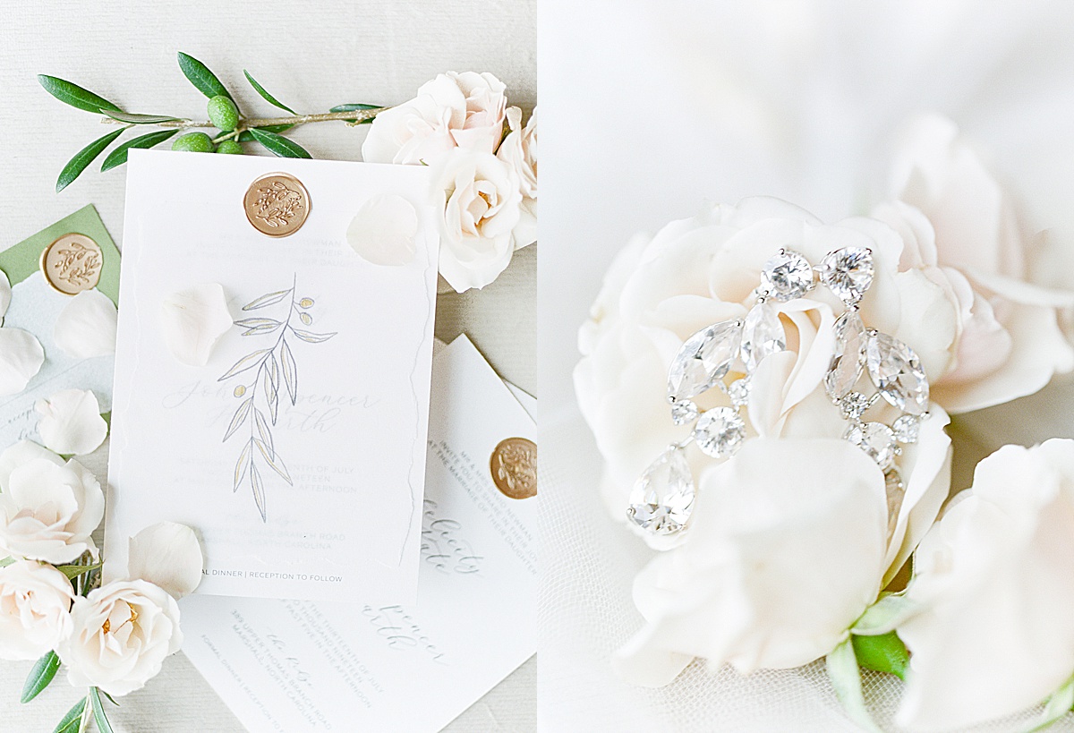 The Ridge Asheville Wedding Venue Invitation Suite and Earrings on Flowers Photos