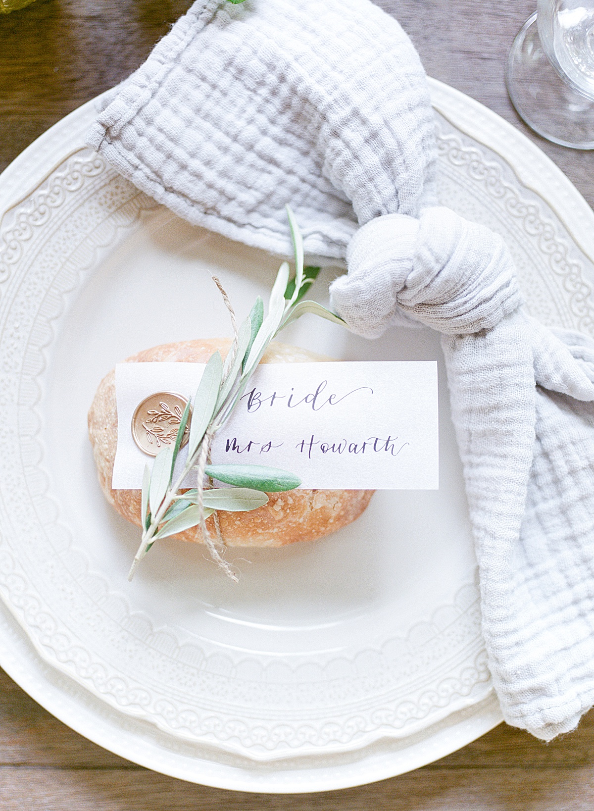 The Ridge Asheville Wedding Venue Reception Tabletop Baguette on Plate setting Photo