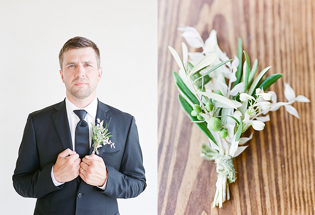 The Ridge Asheville Wedding Venue Groom Looking at Camera and Boutonnière Photos