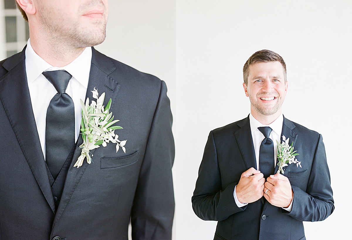 The Ridge Asheville Wedding Venue Detail of Boutonniere and Groom Smiling Photos