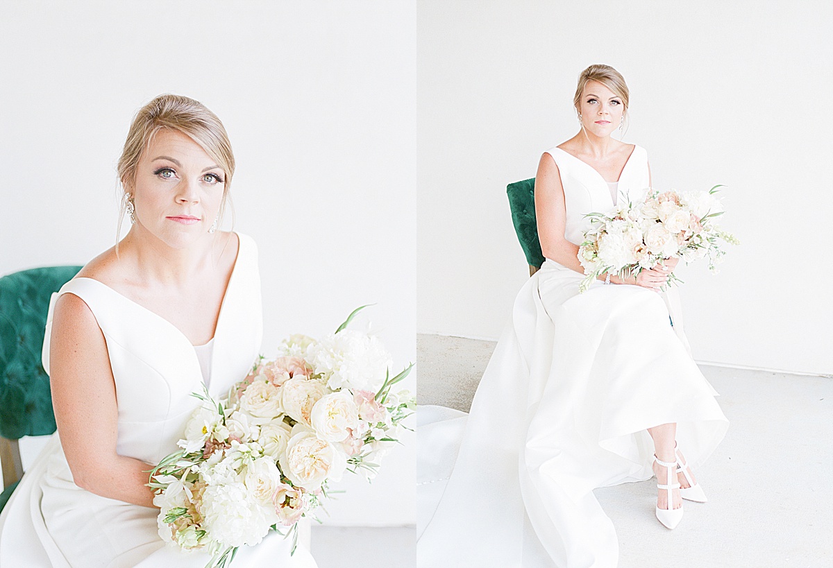 The Ridge Asheville Wedding Venue Bride sitting in green chair holding bouquet looking at camera Photos