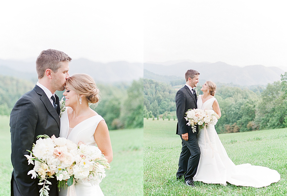 The Ridge Asheville Wedding Groom Kissing Bride on Head and Smiling at each other Photos