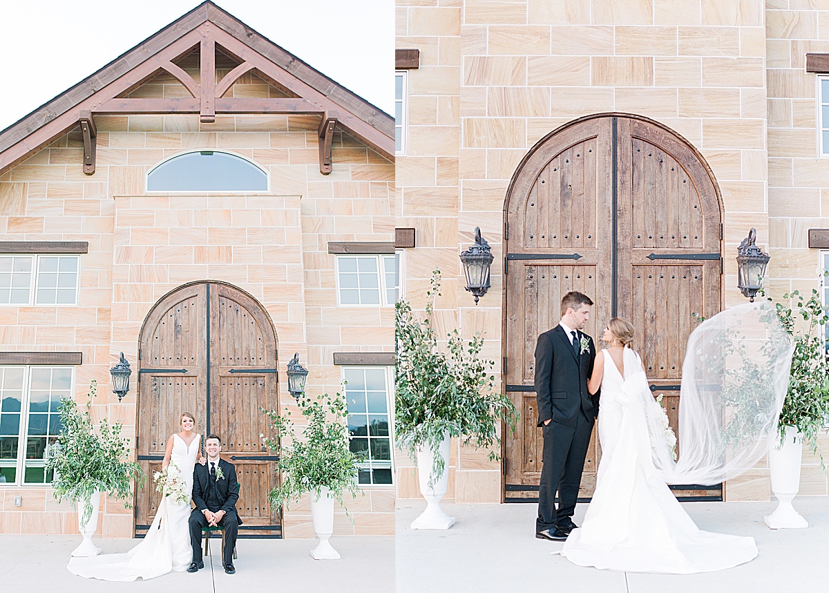 The Ridge Asheville Wedding Bride and Groom in front of Chateau Wood Doors Photos
