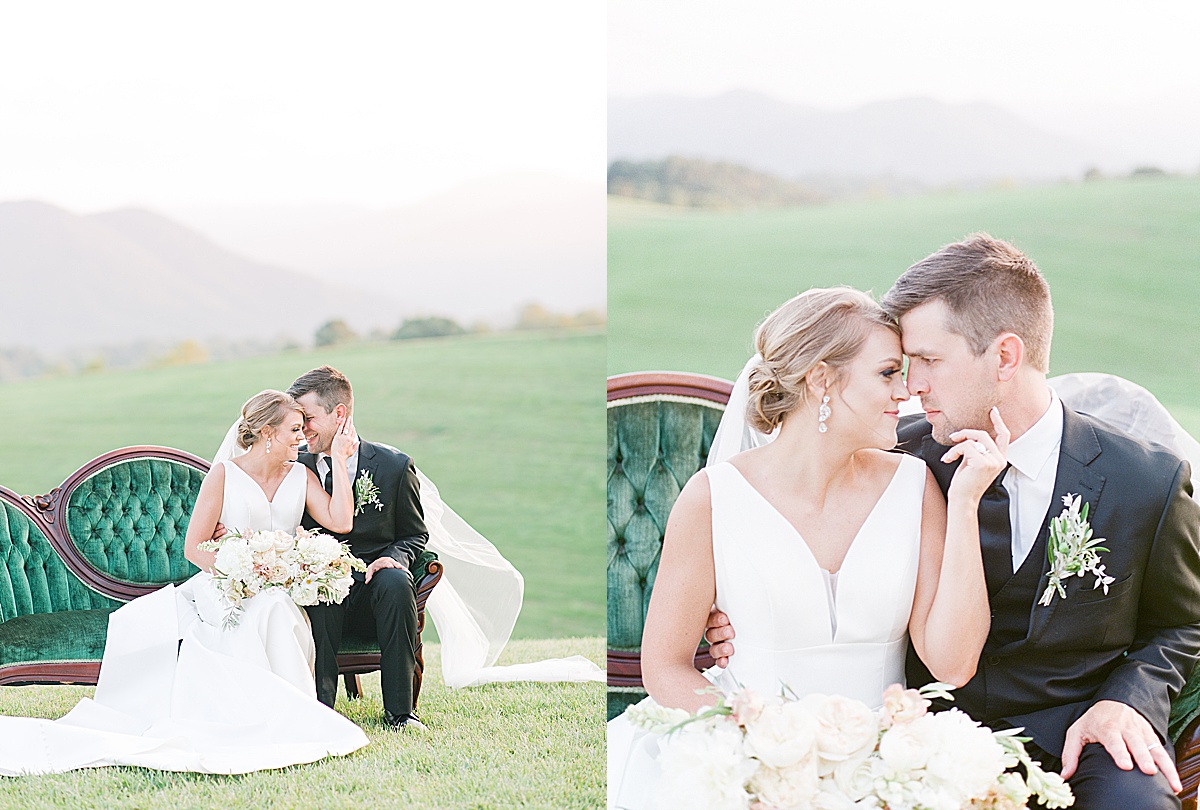 The Ridge Asheville Wedding couple snuggling on green couch in front of mountains Photos
