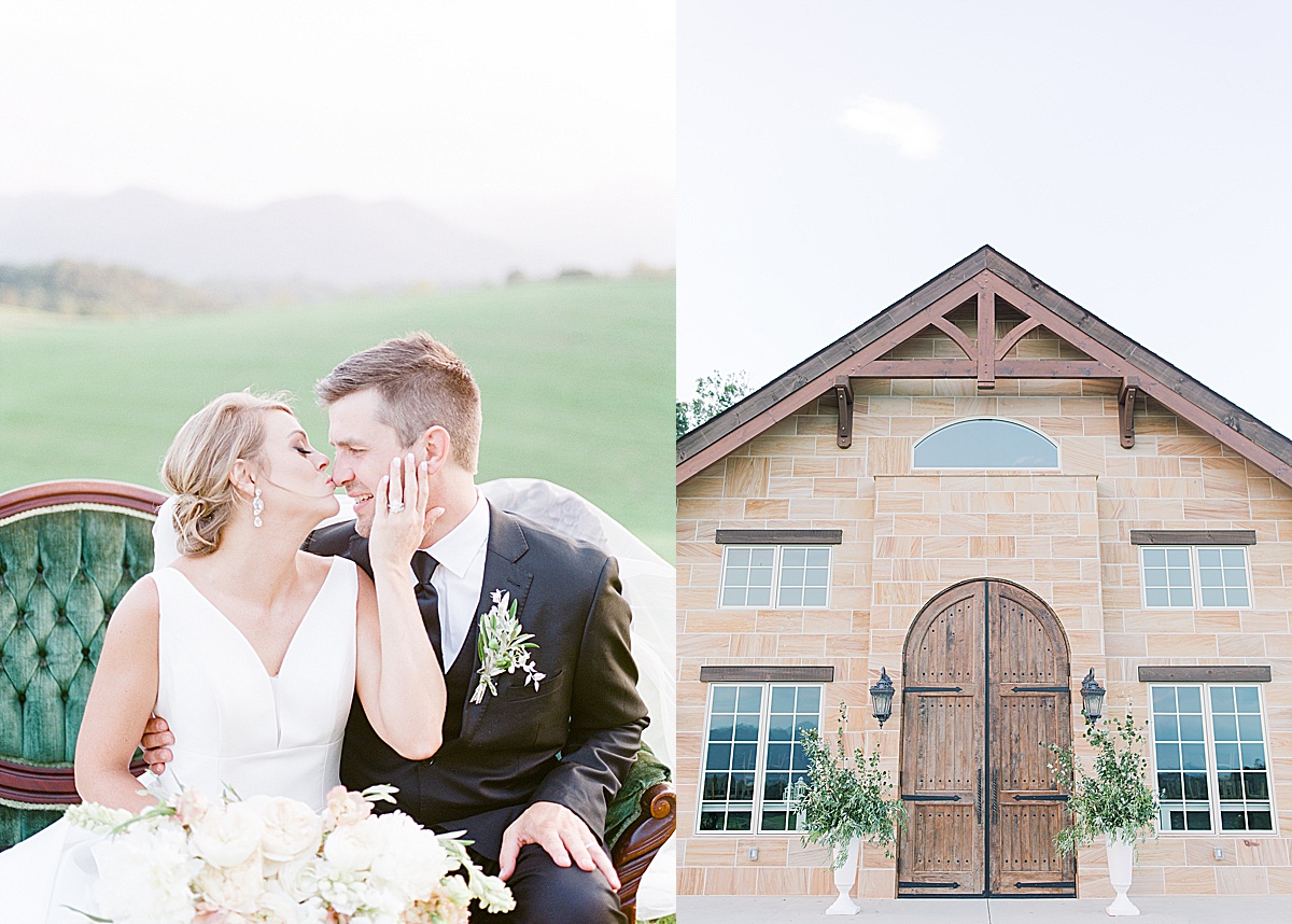 The Ridge Asheville Wedding Bride kissing Groom on Nose and Venue doors Photos