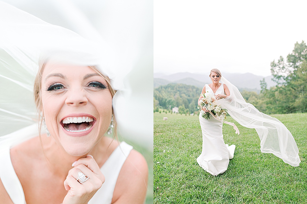 The Ridge Asheville Wedding Bride laughing at camera and walking with veil flowing Photos